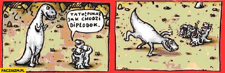 
    Tato pokaż jak chodzi diplodok. Dinozaury T-rex z dziećmi