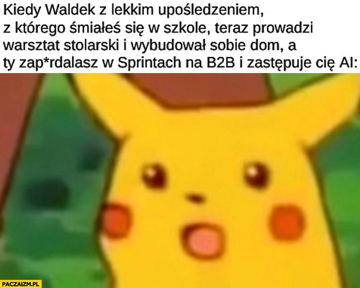 
    Kiedy Waldek z lekkim upośledzeniem prowadzi warsztat stolarski i wybudował dom a ty zapierdzielasz w sprintach B2B i zastępuje Cię AI zdziwiony pikachu