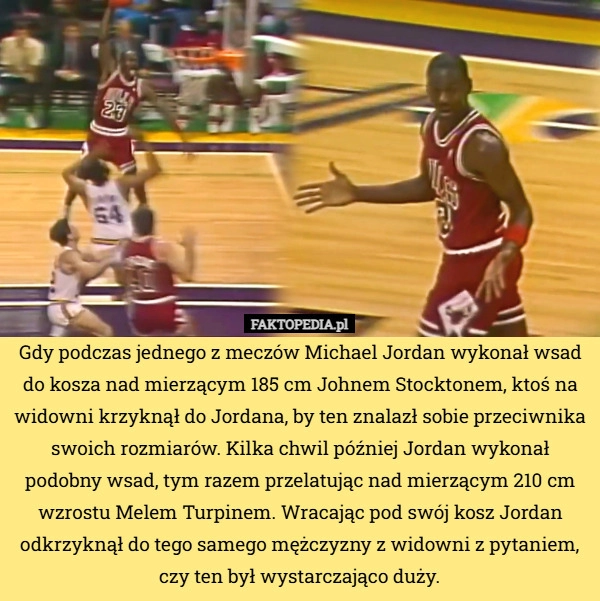 
    Gdy podczas jednego z meczów Michael Jordan wykonał wsad do kosza nad mierzącym