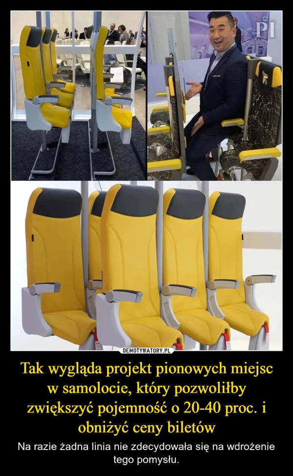 Tak wygląda projekt pionowych miejsc w samolocie, który pozwoliłby zwiększyć pojemność o 20-40 proc. i obniżyć ceny biletów
