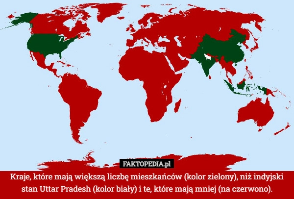 
    Kraje, które mają większą liczbę mieszkańców (kolor zielony), niż indyjski