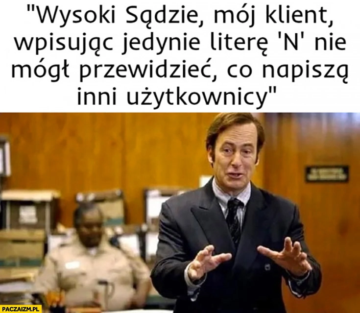 
    Adwokat wysoki sadzie mój klient wpisując jedynie literę n nie mógł przewidzieć co napiszą inni użytkownicy