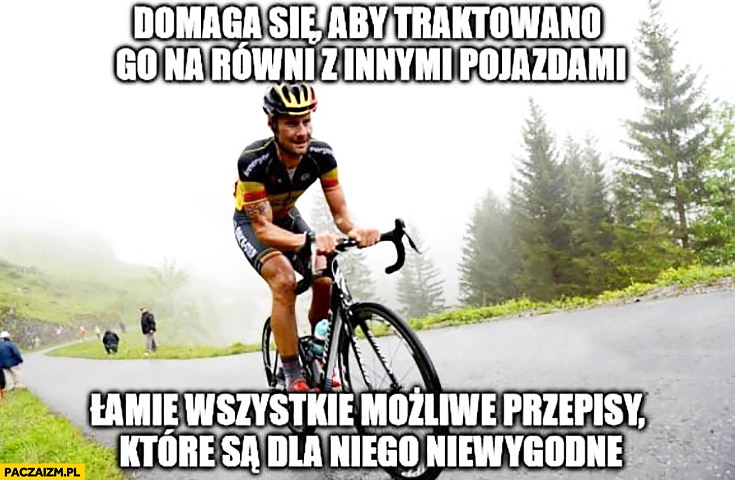 
    Rowerzysta domaga się aby traktowano go na równi z innymi pojazdami, łamie wszystkie możliwe przepisy które są dla niego niewygodne