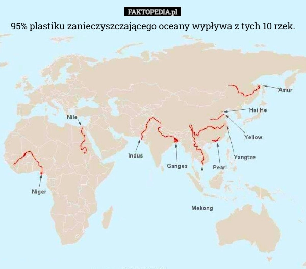 
    95% plastiku zanieczyszczającego oceany wypływa z tych 10 rzek.