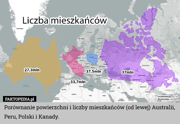 Porównanie powierzchni i liczby mieszkańców (od lewej) Australii, Peru,