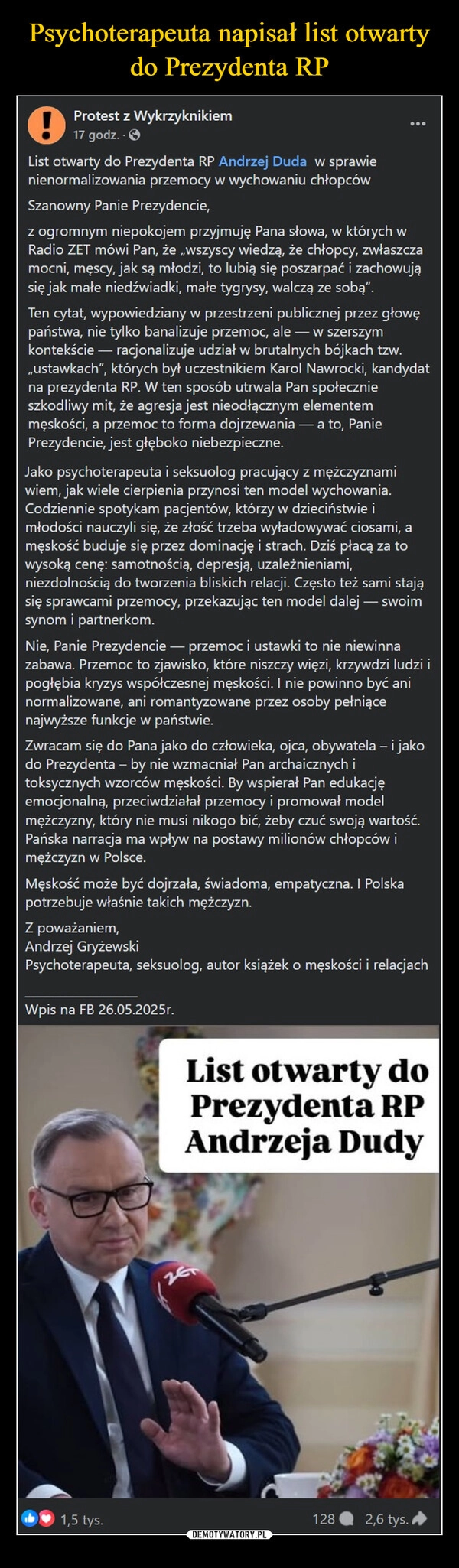 
    Psychoterapeuta napisał list otwarty do Prezydenta RP