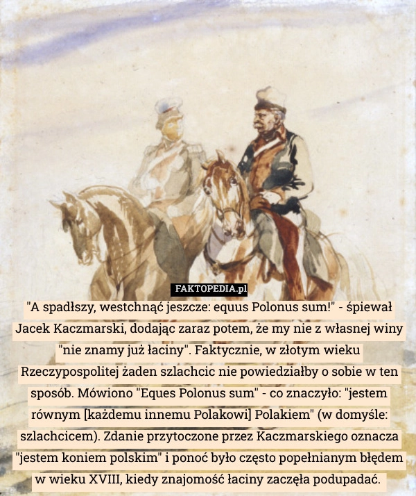 "A spadłszy, westchnąć jeszcze: equus Polonus sum!" - śpiewał