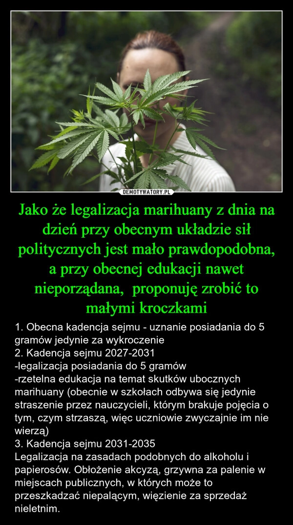 
    Jako że legalizacja marihuany z dnia na dzień przy obecnym układzie sił politycznych jest mało prawdopodobna, a przy obecnej edukacji nawet nieporządana,  proponuję zrobić to małymi kroczkami