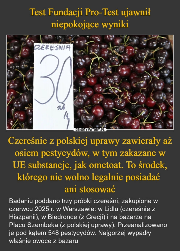 Test Fundacji Pro-Test ujawnił niepokojące wyniki Czereśnie z polskiej uprawy zawierały aż osiem pestycydów, w tym zakazane w UE substancje, jak ometoat. To środek, którego nie wolno legalnie posiadać 
ani stosować