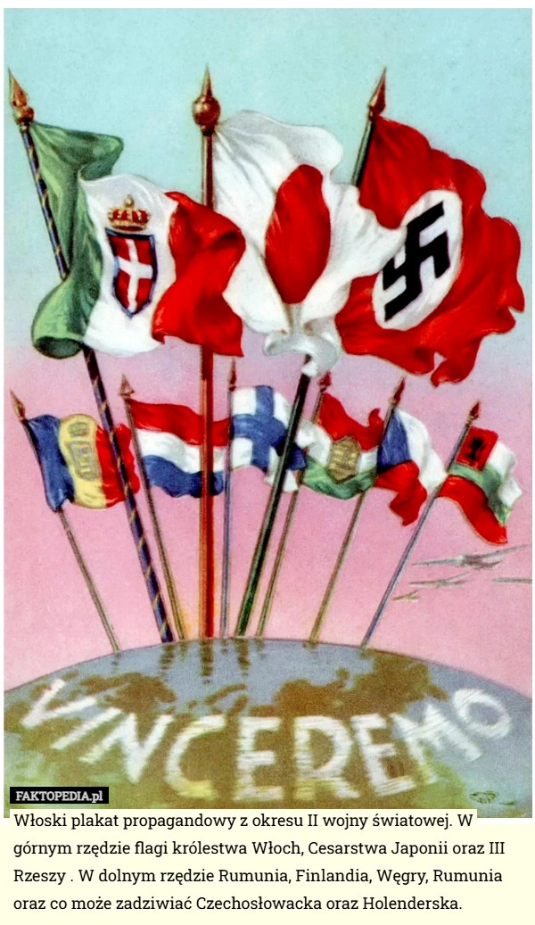 Włoski plakat propagandowy z okresu II wojny światowej. W górnym rzędzie