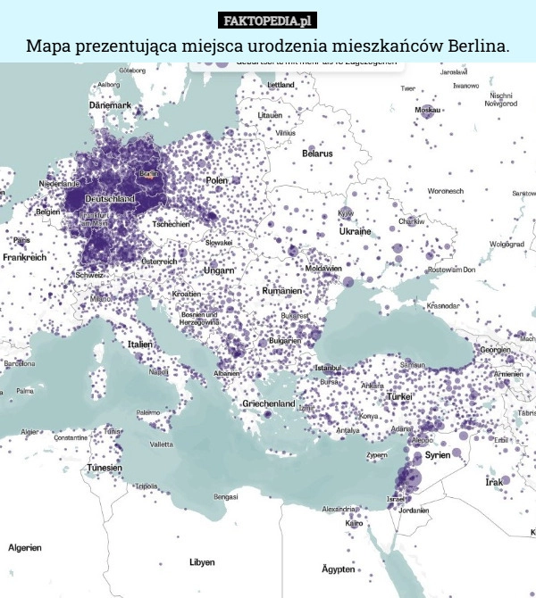 
    Mapa prezentująca miejsca urodzenia mieszkańców Berlina.