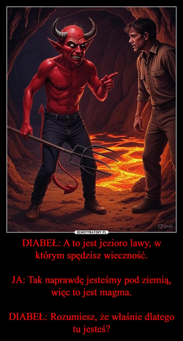 
    DIABEŁ: A to jest jezioro lawy, w którym spędzisz wieczność.

JA: Tak naprawdę jesteśmy pod ziemią, więc to jest magma.

DIABEŁ: Rozumiesz, że właśnie dlatego tu jesteś?