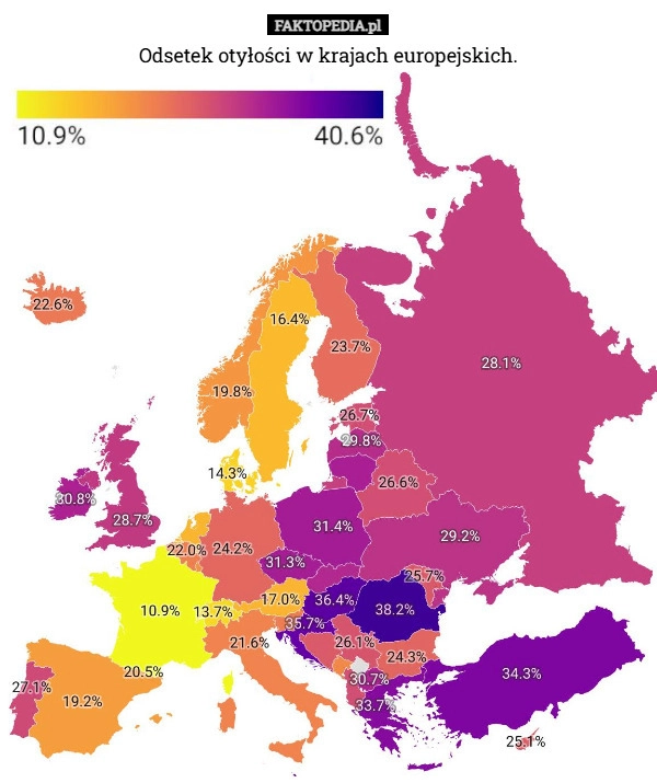 
    Odsetek otyłości w krajach europejskich.