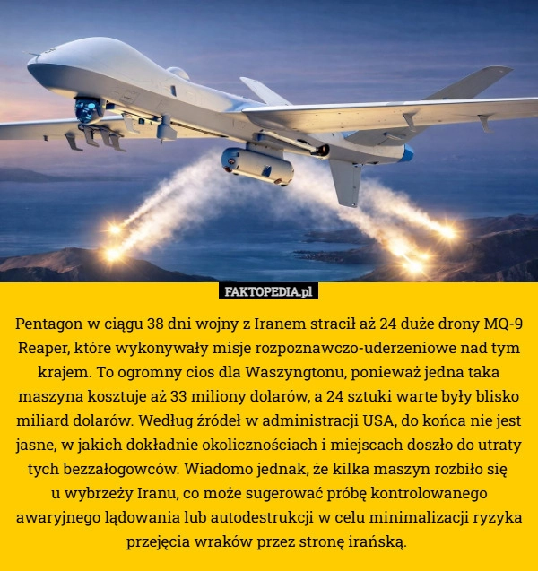 Pentagon w ciągu 38 dni wojny z Iranem stracił aż 24 duże drony MQ-9 Reaper,