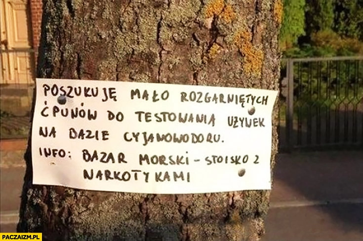 
    Poszukuje mało rozgarniętych ćpunów do testowania używek na bazie cyjanowodoru ogłoszenie kartka