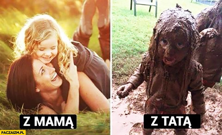 
    Dziecko dziewczynka zabawa z mamą z tatą cała w błocie porównanie