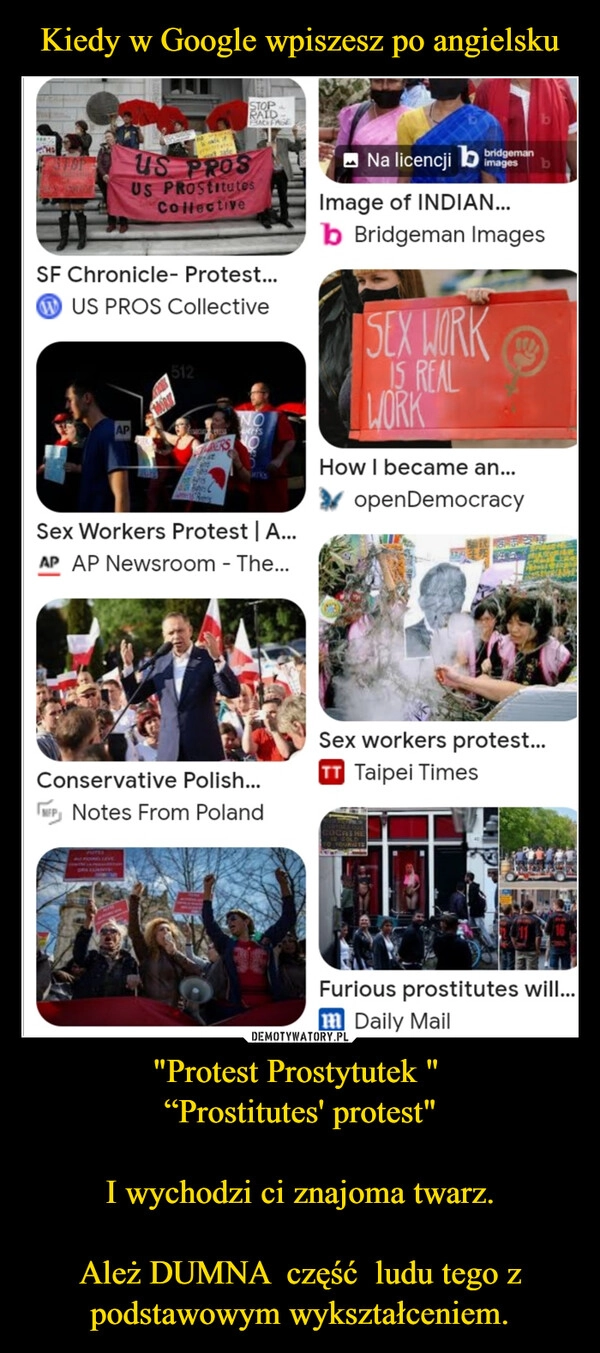 
    Kiedy w Google wpiszesz po angielsku "Protest Prostytutek " 
“Prostitutes' protest"

I wychodzi ci znajoma twarz.

Ależ DUMNA  część  ludu tego z podstawowym wykształceniem.