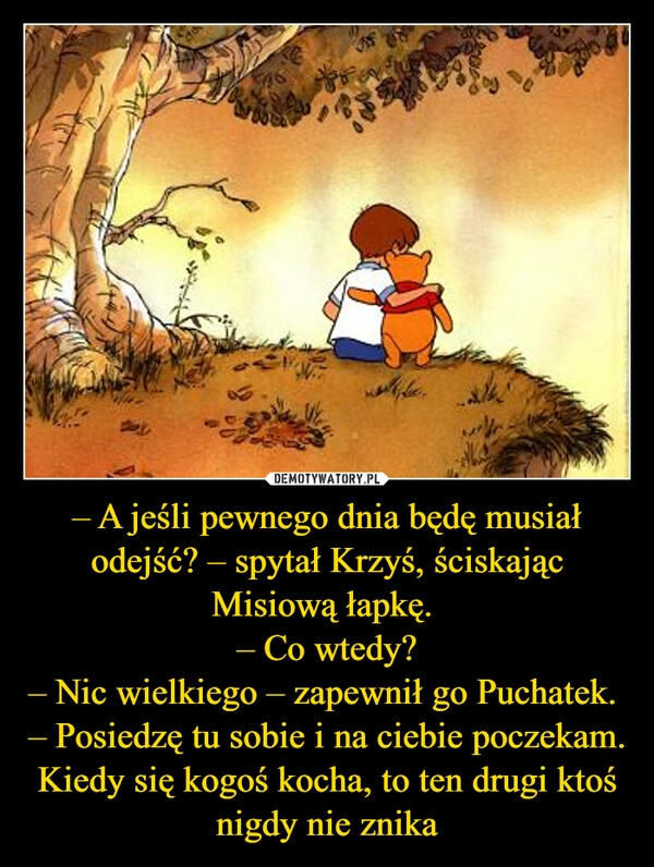 
    – A jeśli pewnego dnia będę musiał odejść? – spytał Krzyś, ściskając Misiową łapkę. 
– Co wtedy?
– Nic wielkiego – zapewnił go Puchatek. 
– Posiedzę tu sobie i na ciebie poczekam. Kiedy się kogoś kocha, to ten drugi ktoś nigdy nie znika