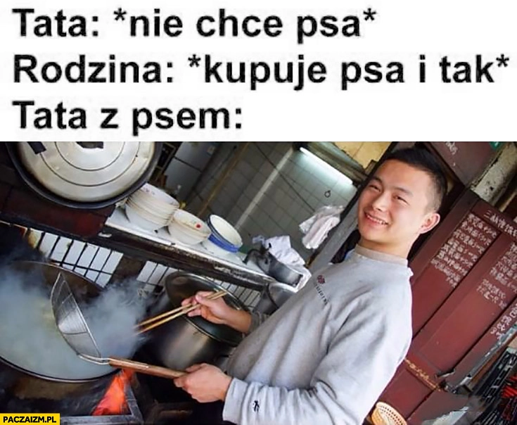 
    Tata nie chce psa, rodzina kupuje psa i tak, tata z psem chińczyk gotuje