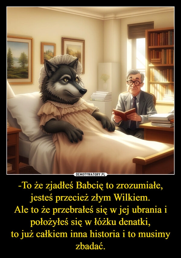 
    -To że zjadłeś Babcię to zrozumiałe,
jesteś przecież złym Wilkiem.
Ale to że przebrałeś się w jej ubrania i położyłeś się w łóżku denatki,
to już całkiem inna historia i to musimy zbadać.