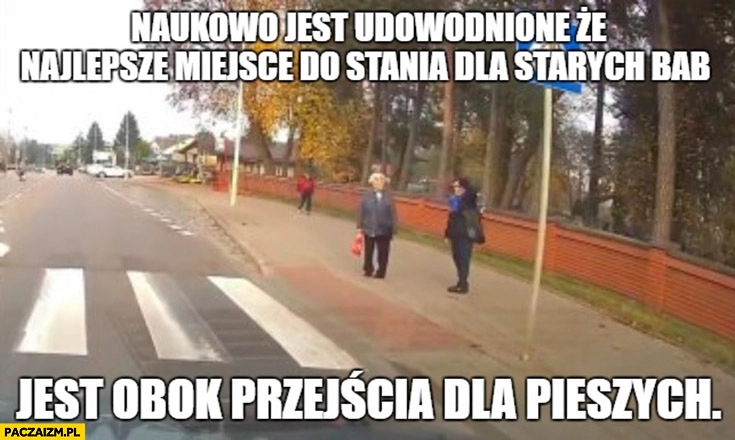 
    Naukowo jest udowodnione, że najlepsze miejsce do stania dla starych bab jest obok przejścia dla pieszych