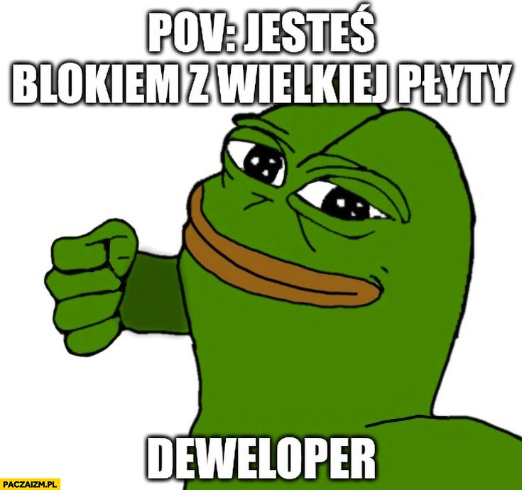 
    POV jesteś blokiem z wielkiej płyty, deweloper żaba Pepe strzał w mordę z pieści