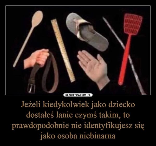 
    Jeżeli kiedykolwiek jako dziecko dostałeś lanie czymś takim, to prawdopodobnie nie identyfikujesz się jako osoba niebinarna