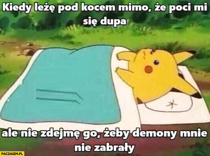 
    Pikachu kiedy leżę pod kocem mimo, że poci mi się dupa ale nie zdejmę go żeby demony mnie nie zabrały