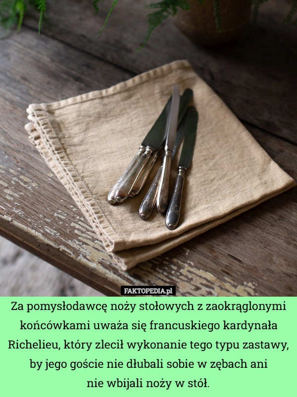 
    Za pomysłodawcę noży stołowych z zaokrąglonymi końcówkami uważa się francuskiego